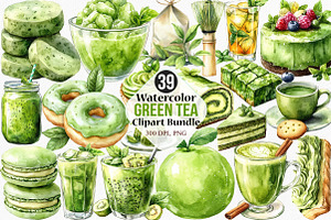 Watercolor Green Tea Clipart Bundle, an Illustration by Canvas Craft