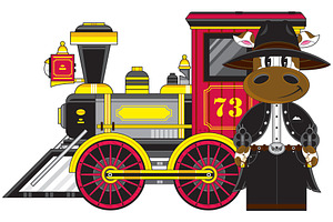 Cartoon Cow Cowboy & Train