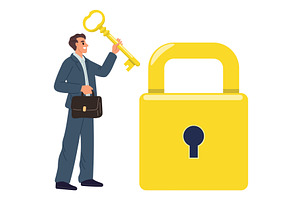 Businessman holds golden key in hand, a Person Illustration by Vectorbuum