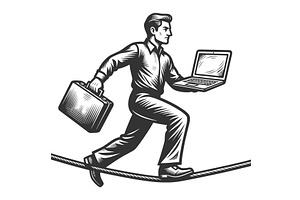 Businessman Balancing on Rope with, a Person Illustration by AlexArt