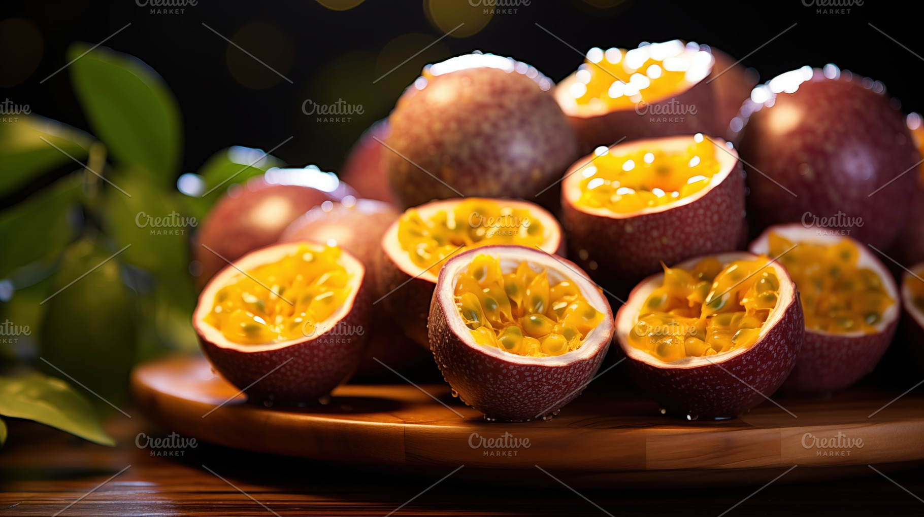 Fresh passion fruits on a wooden platter. Some fruits are whole, while others a, a Food & Drink Photo by Textures & Backgrounds