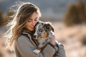 Woman gently holding her dog, an Animal Photo by MistyDay