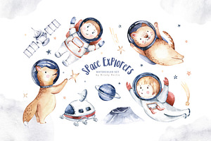 Watercolor Space Explorers. Kids Set