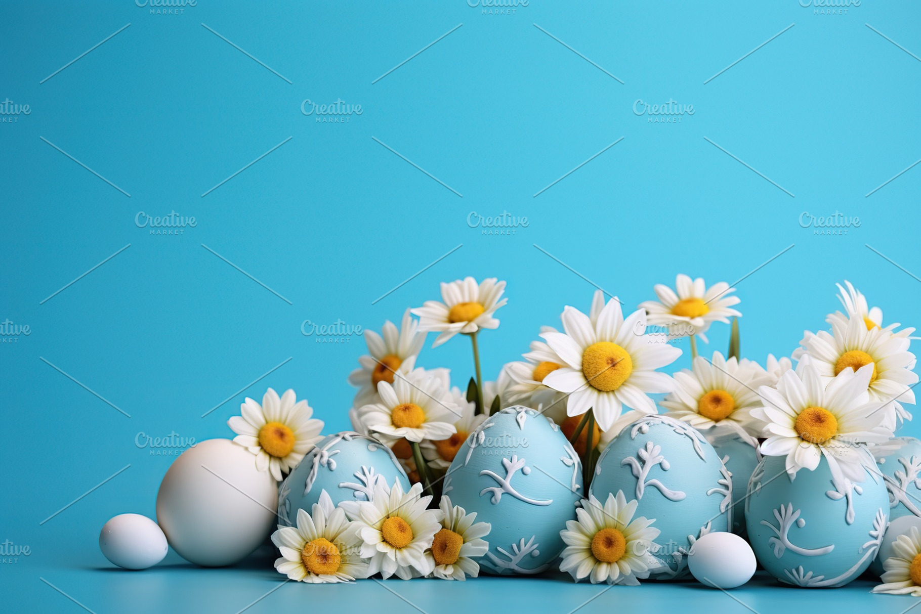 Easter eggs with chamomile flowers on blue background, a Holiday Photo by AlyaAnd