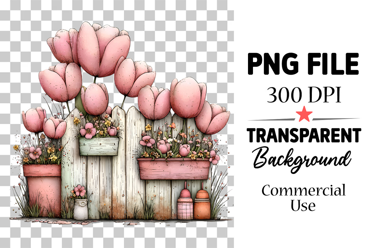 Spring Fence & Flower Clipart, an Illustration by Watercolor design (Photo 4 of 6)