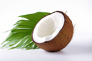 Coconuts with green leafs isolated on white background, a Food & Drink Photo by AlyaAnd