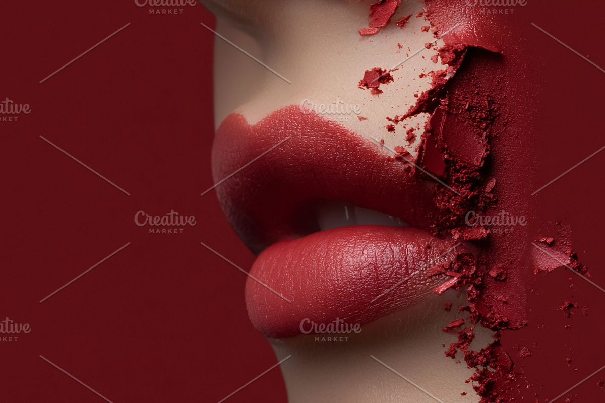 Woman's face with red lipstick and cosmetic powder, creating a b, a Beauty & Fashion Photo by Studio ANNA (Photo 1 of 2)