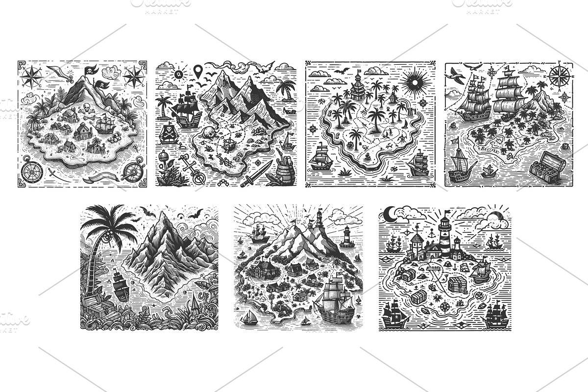 Pirate Treasure Map engraving vector, an Illustration by AlexArt