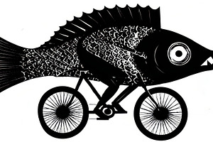 Fish rides bicycle in strange art, a Photo by Beautiful things