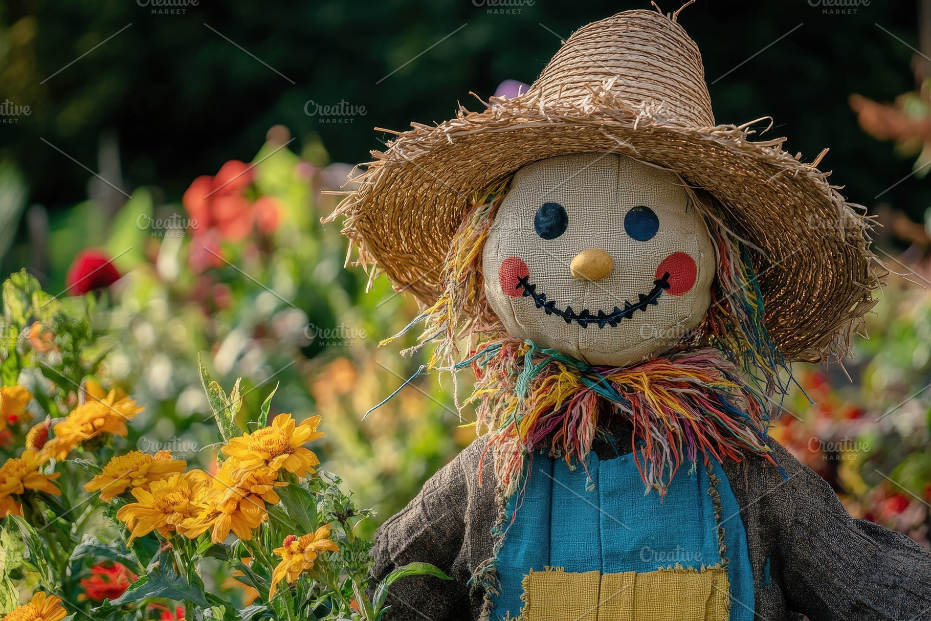Smiling scarecrow with straw hat sta, a Photo by Iftikhar Alam