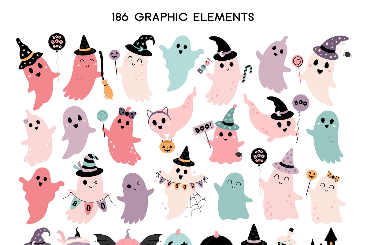 Pink Halloween clipart & patterns, a Seasonal Illustration by JulzaArt (Photo 2 of 14)