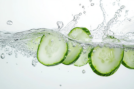 Green sliced cucumber falling into water on white background, a Food & Drink Photo by AlyaAnd