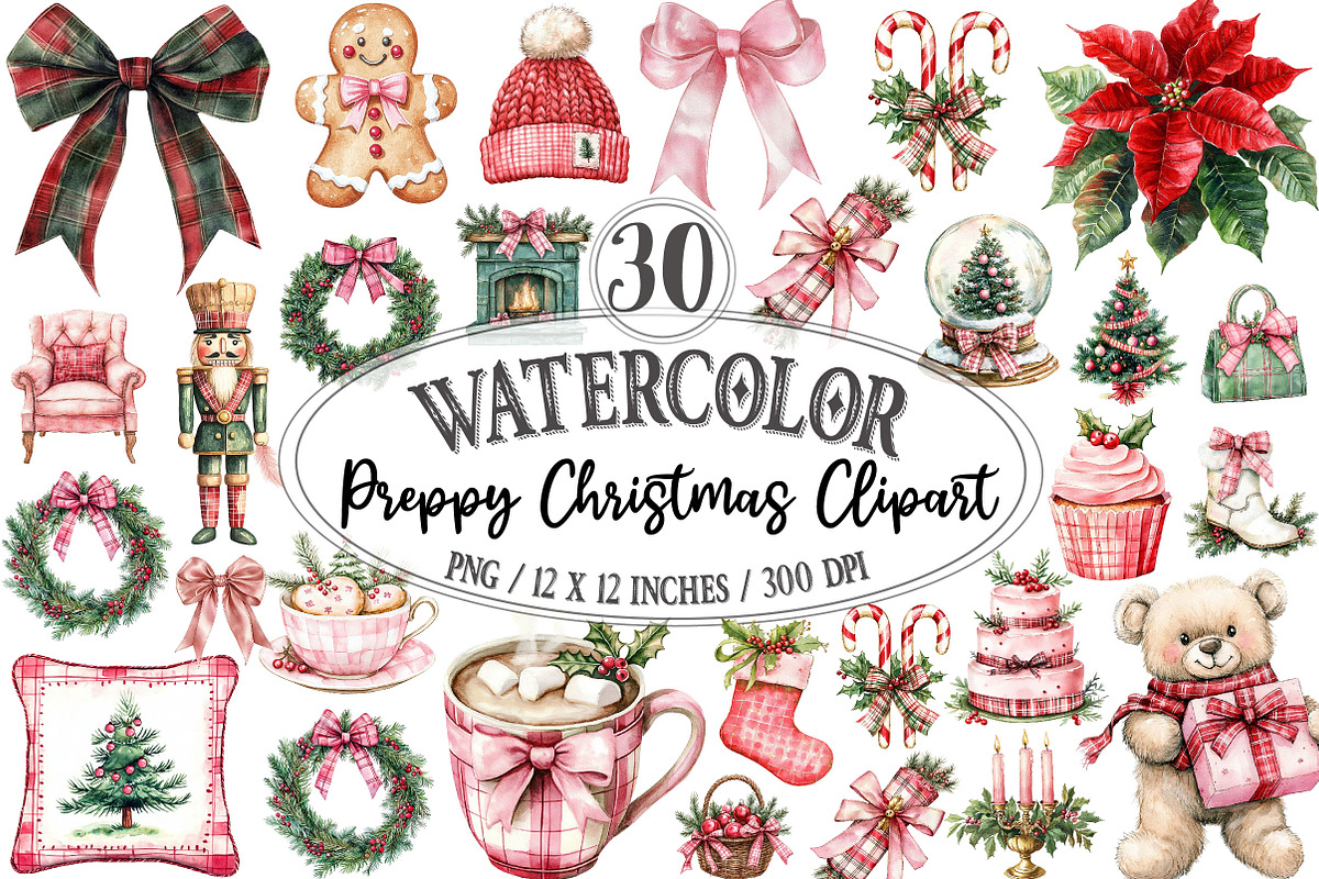 Preppy Christmas Clipart Set PNG, a Seasonal Illustration by Designking (Photo 1 of 4)