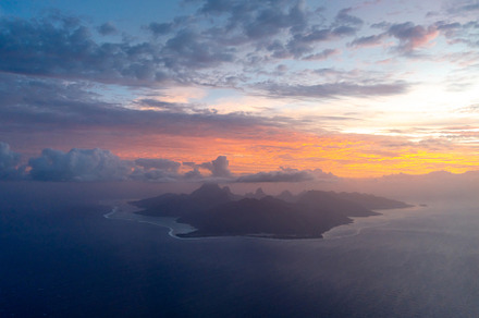 Aerial view of Moorea island at sunset, French Polynesia