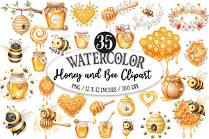 Watercolor Honey and Bee Clipart, an Illustration by Designking