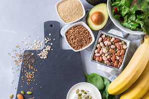 Assortment of healthy high magnesium sources food stock photo containing