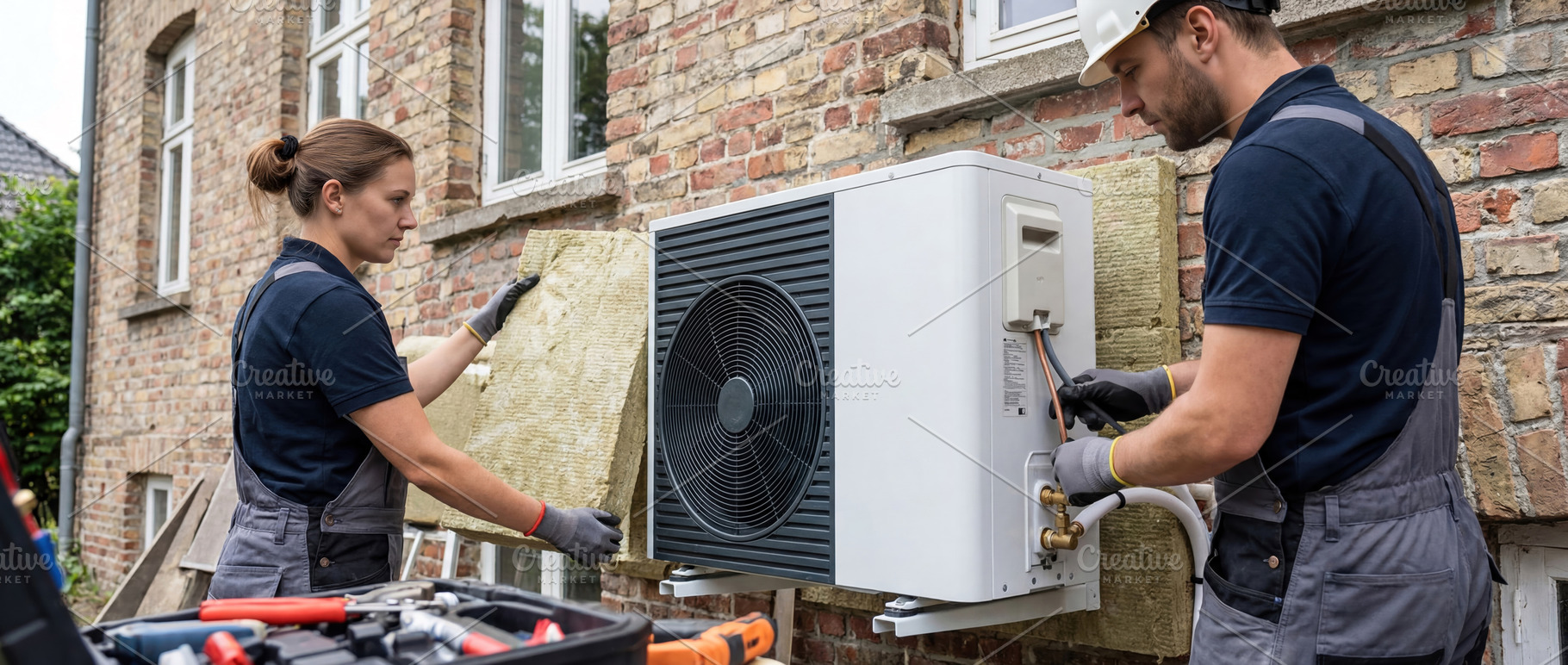 Worker install aerothermal heat pump, a Business Photo by Shootdiem