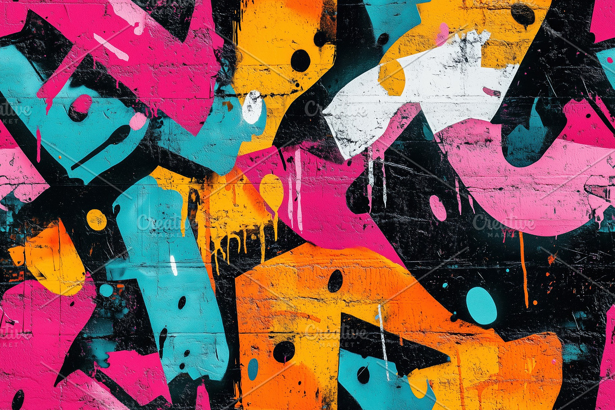 Seamless vibrant graffiti mural featuring bold colors like pink, orange, turquo, a Background Graphic by Textures & Backgrounds