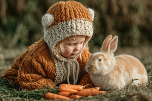 Cute toddler in cozy knit hat feeding rabbit with fresh carrots, a Nature Photo by José Manuel Gelpi