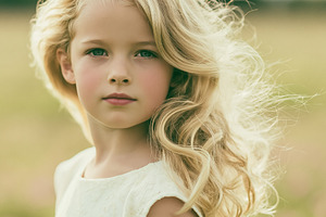 Little girl looking straight ahead, blonde hair flowing in wind,, a Person Photo by Studio ANNA