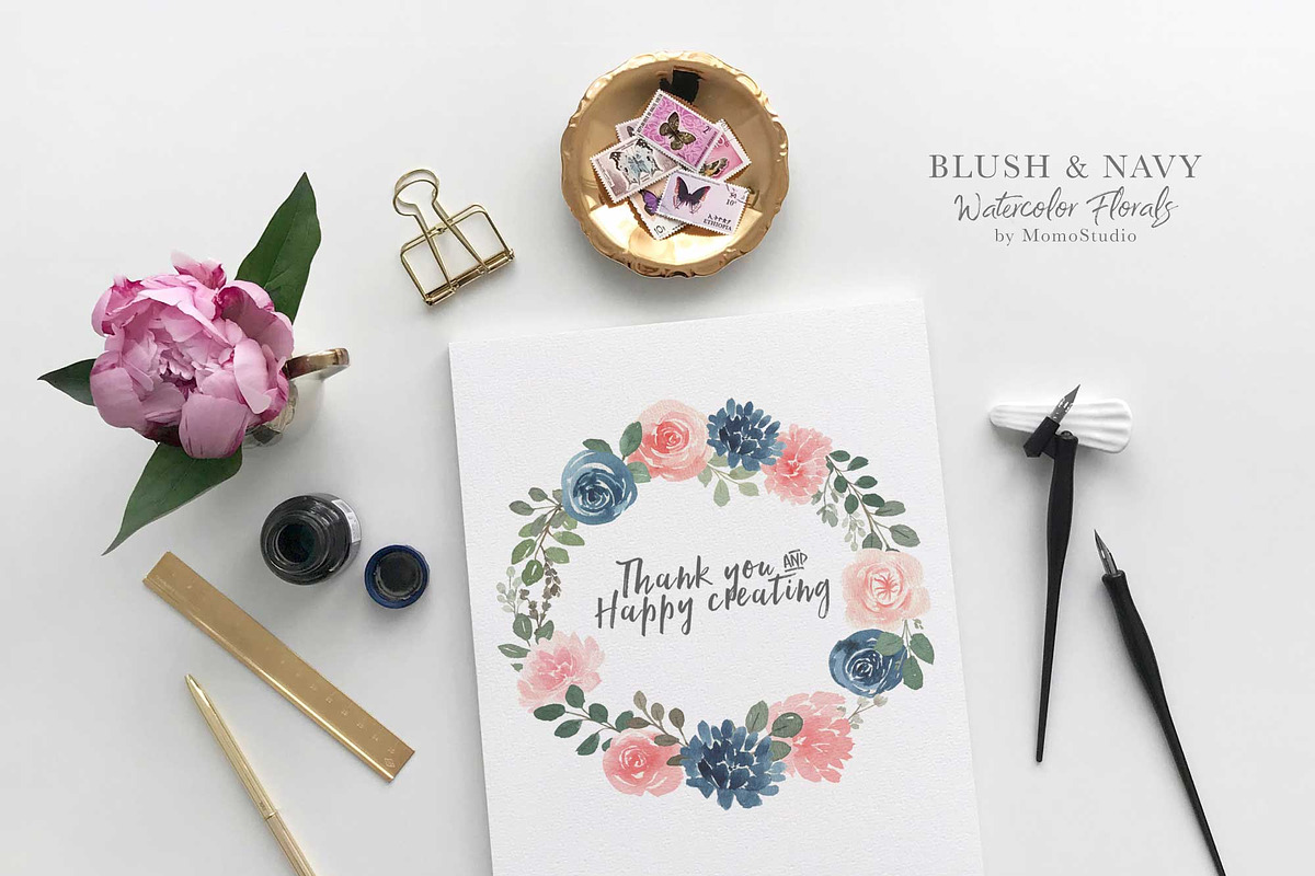 Blush and Navy Watercolor Florals, a Work Illustration by Momo Studio (Photo 3 of 12)