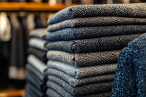 Close-up of neatly stacked herringbone-patterned fabric in shades of blue and g, a Background Photo by ImageMir