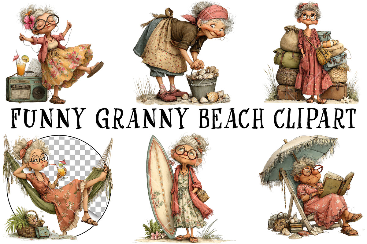 Funny Granny Beach Clipart PNG, an Illustration by OK Design (Photo 2 of 6)
