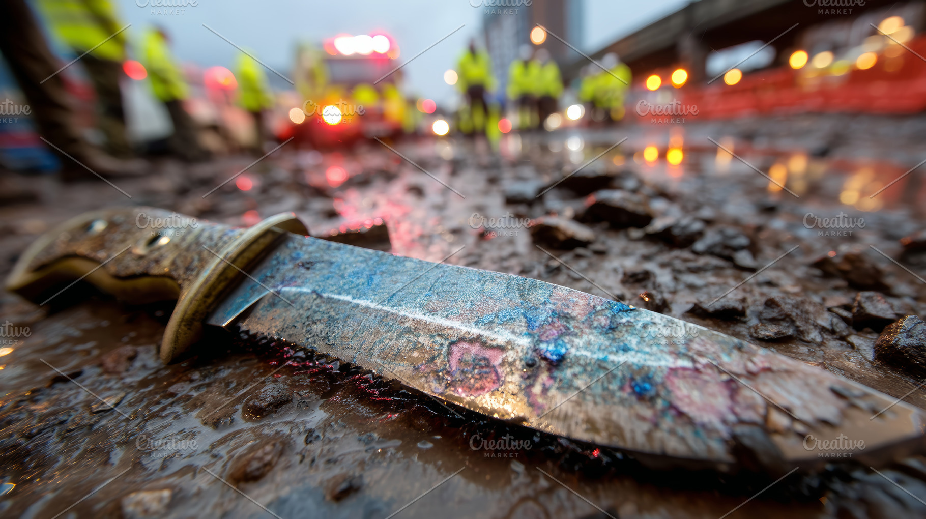 Rusty combat knife on a wet urban crime scene with emergency responders and pol, a Photo by AS photostudio