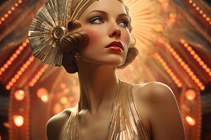A glamorous woman in a art deco vintage gold dress with art deco elements, feat, an Arts & Entertainment Photo by Textures & Backgrounds