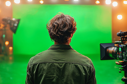 Film director standing in front of green screen in studio with equipment, a Photo by AS photostudio