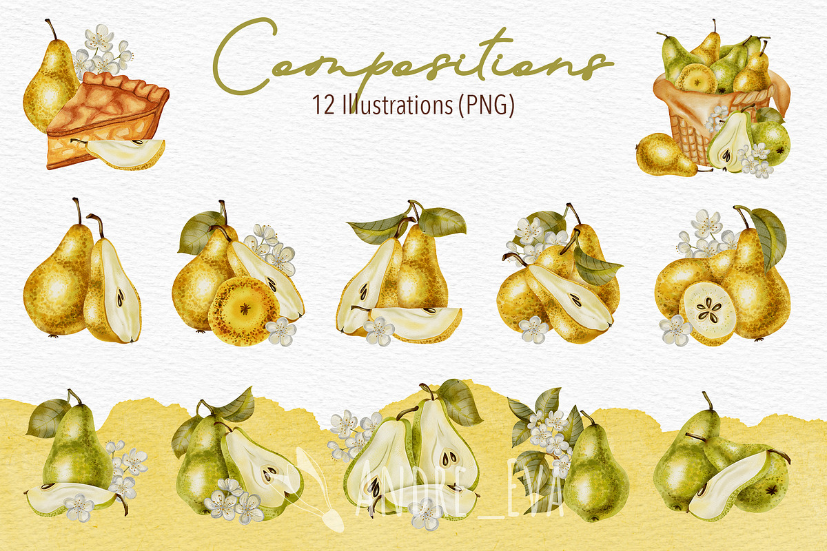 Watercolor Pears Clipart/Pattern, an Illustration by Andre_Eva (Photo 3 of 10)