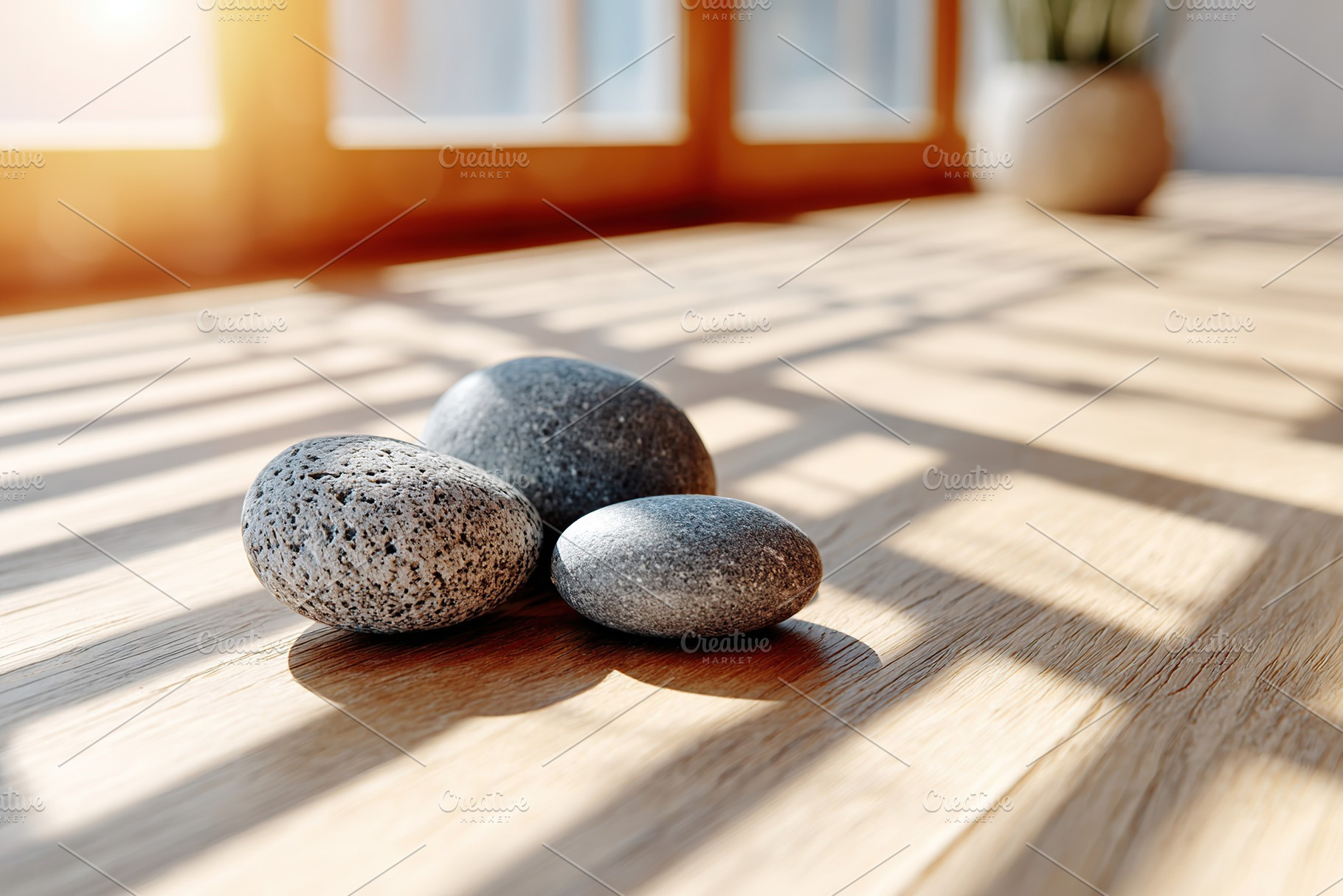 Three smooth stones on wooden surface with sunlight, a Beauty & Fashion Photo by AlyaAnd
