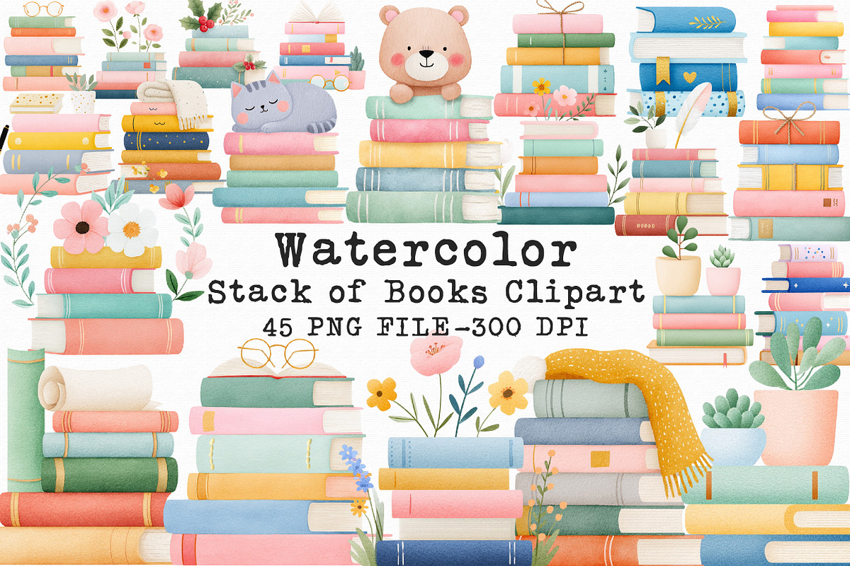 Watercolor Stack of Books Clipart, an Illustration by Libby Wishes (Photo 1 of 5)