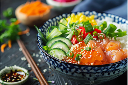 Hawaiian salmon poke bowl with rice, a Food & Drink Photo by Ylivdesign