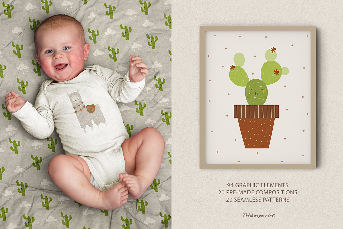 Llamas & Cactus clipart and patterns, an Animal Illustration by polikarpovaart (Photo 3 of 11)