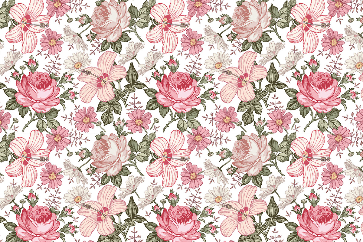 Set Seamless Flowers Rose Hibiscus, a Pattern Graphic by Vintage (Photo 4 of 10)