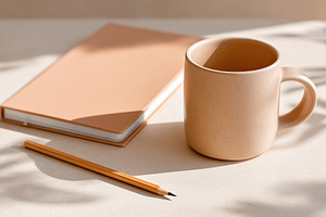 Minimalist flat lay featuring a neutral mug, notebook, and pencil on a soft bac, a Photo by AlyaAnd