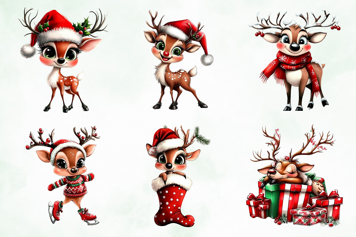 Whimsical Christmas Reindeer Clipart, an Illustration by Creative Art (Photo 2 of 11)