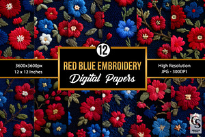 Red Blue Floral Embroidery Pattern, a Pattern Graphic by Creative Store