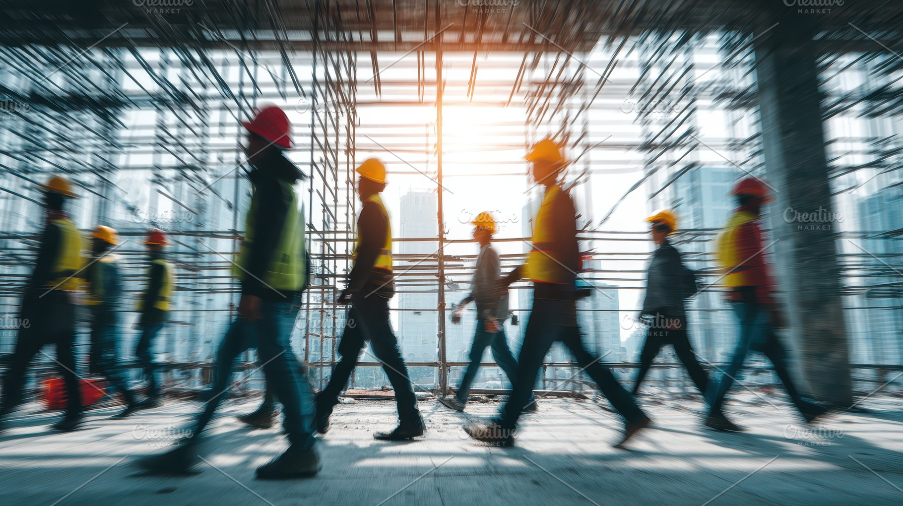 Construction workers walking briskly, a Photo by Pixeness Studio