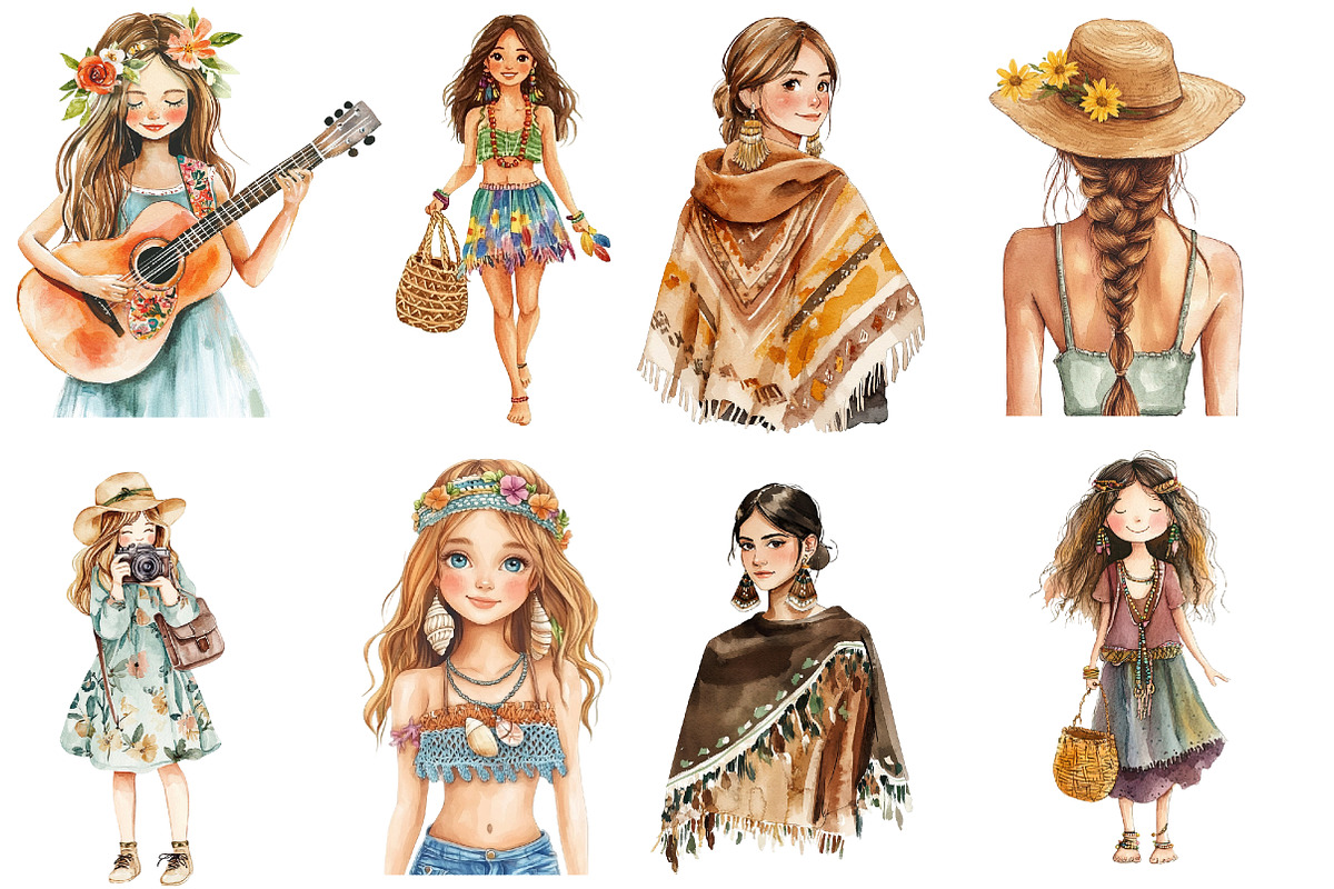 Watercolor Boho Girls Clipart, an Illustration by Designworld (Photo 4 of 6)
