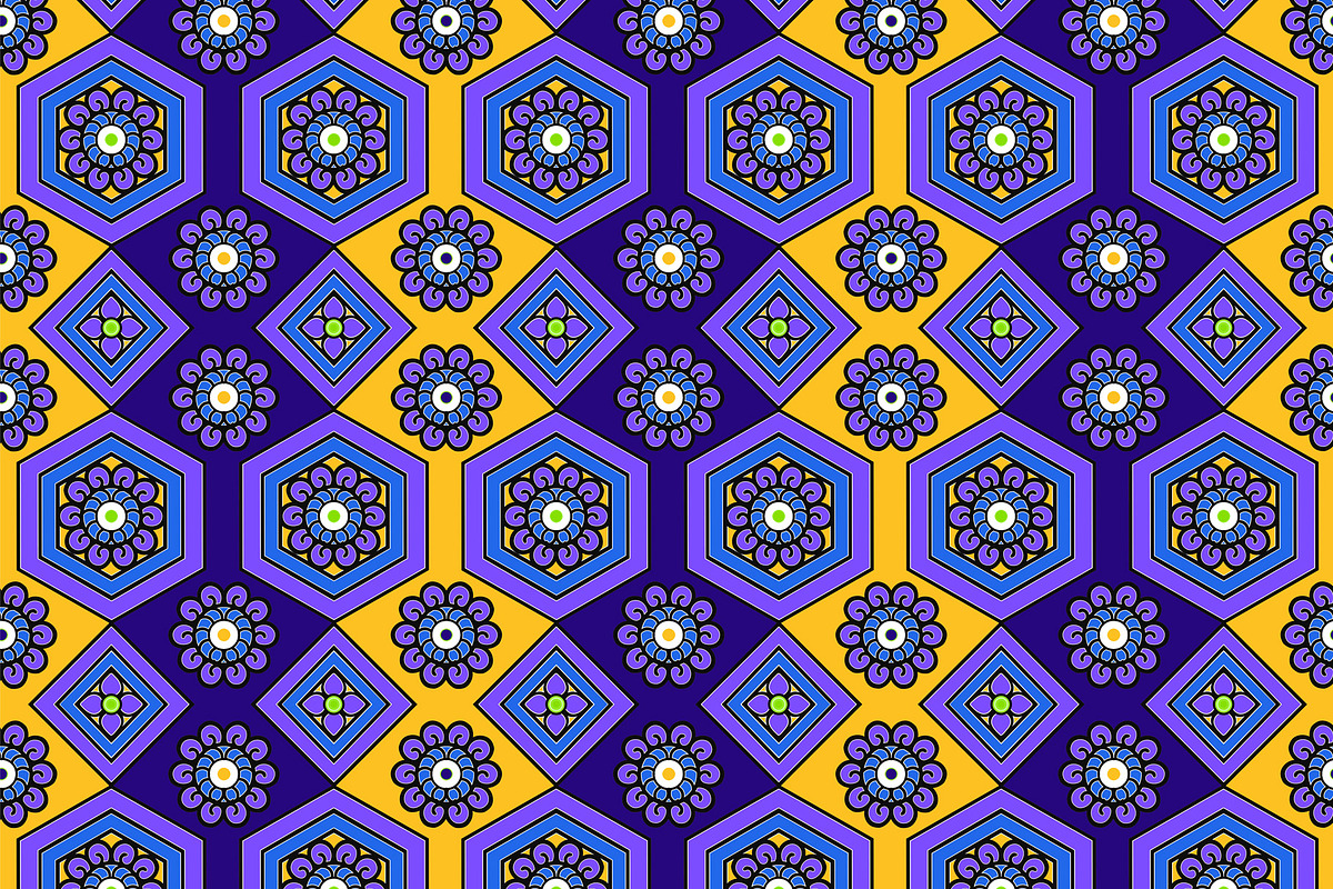 Purple Yellow Blue Floral Geometric, a Pattern Graphic by Sharon Schwalbe (Photo 1 of 2)