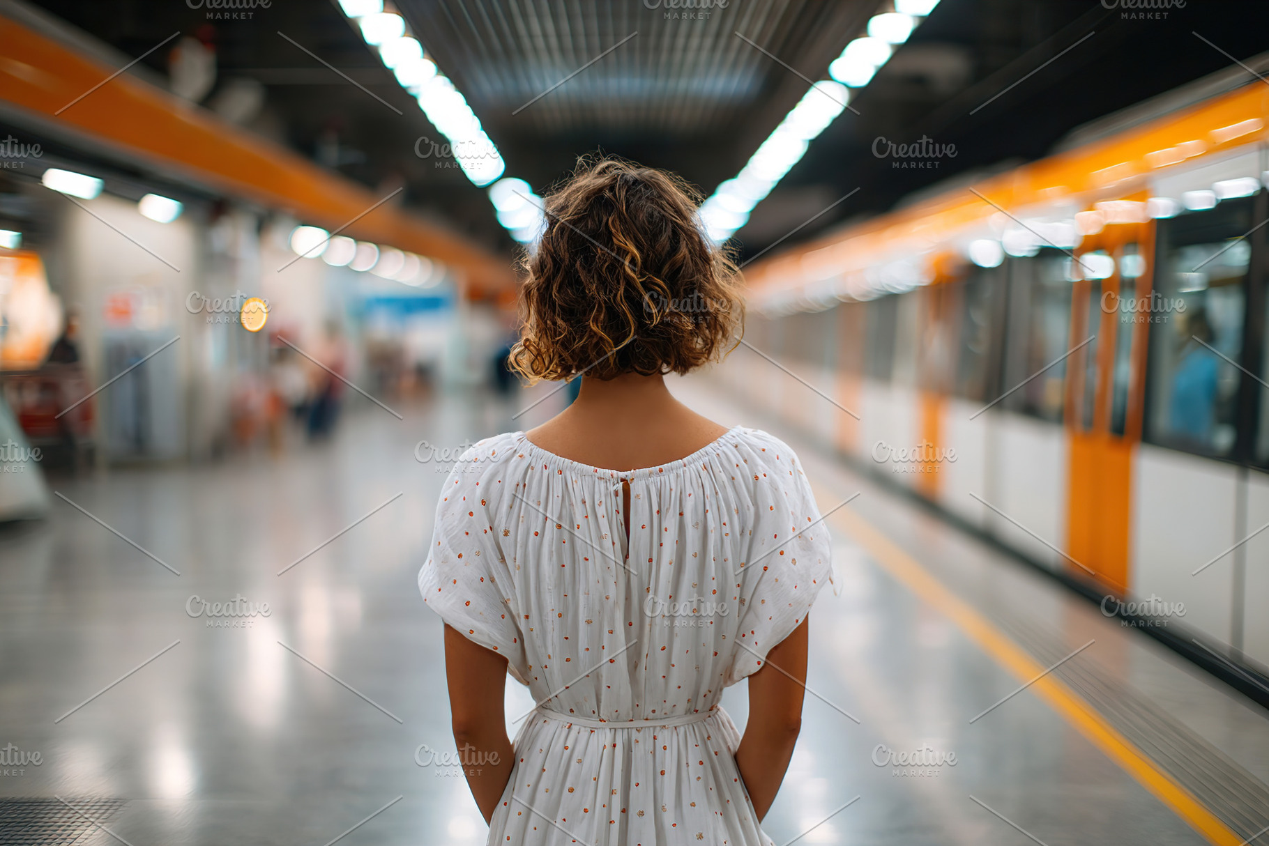 Girl in a white dress stands alone at a subway station waiting for a train, a Photo by AlyaAnd
