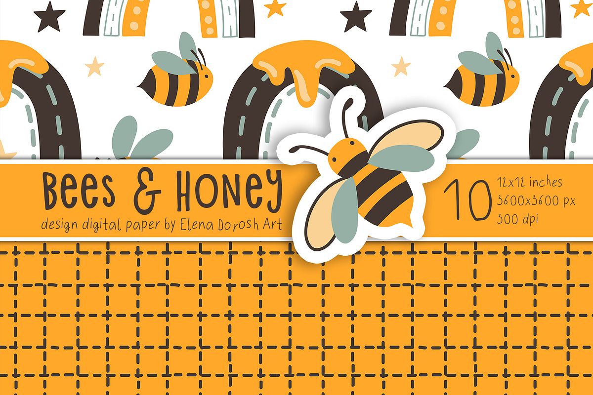 Bees, Honey Cartoon Digital Paper, a Pattern Graphic by Elena Dorosh (Photo 4 of 6)