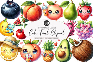 Cute Fruit Clipart,Kawaii Fruits PNG, an Illustration by SinaCreation