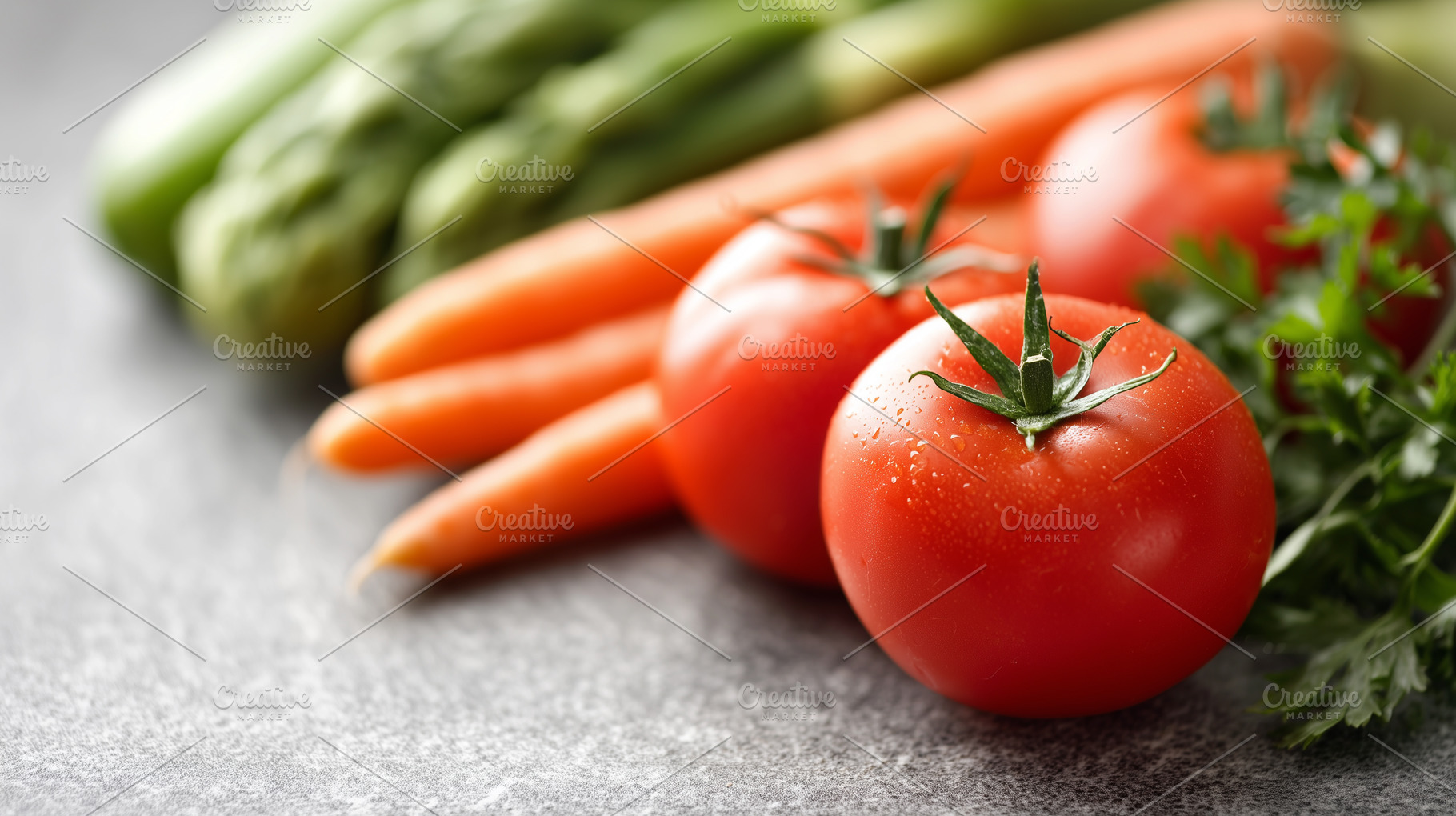 Fresh tomatoes, carrots, asparagus, a Food & Drink Photo by MistyDay