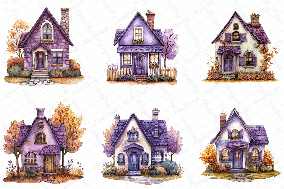 Purple Autumn Cottage Home Clipart, an Illustration by DreamPrint404 (Photo 3 of 6)