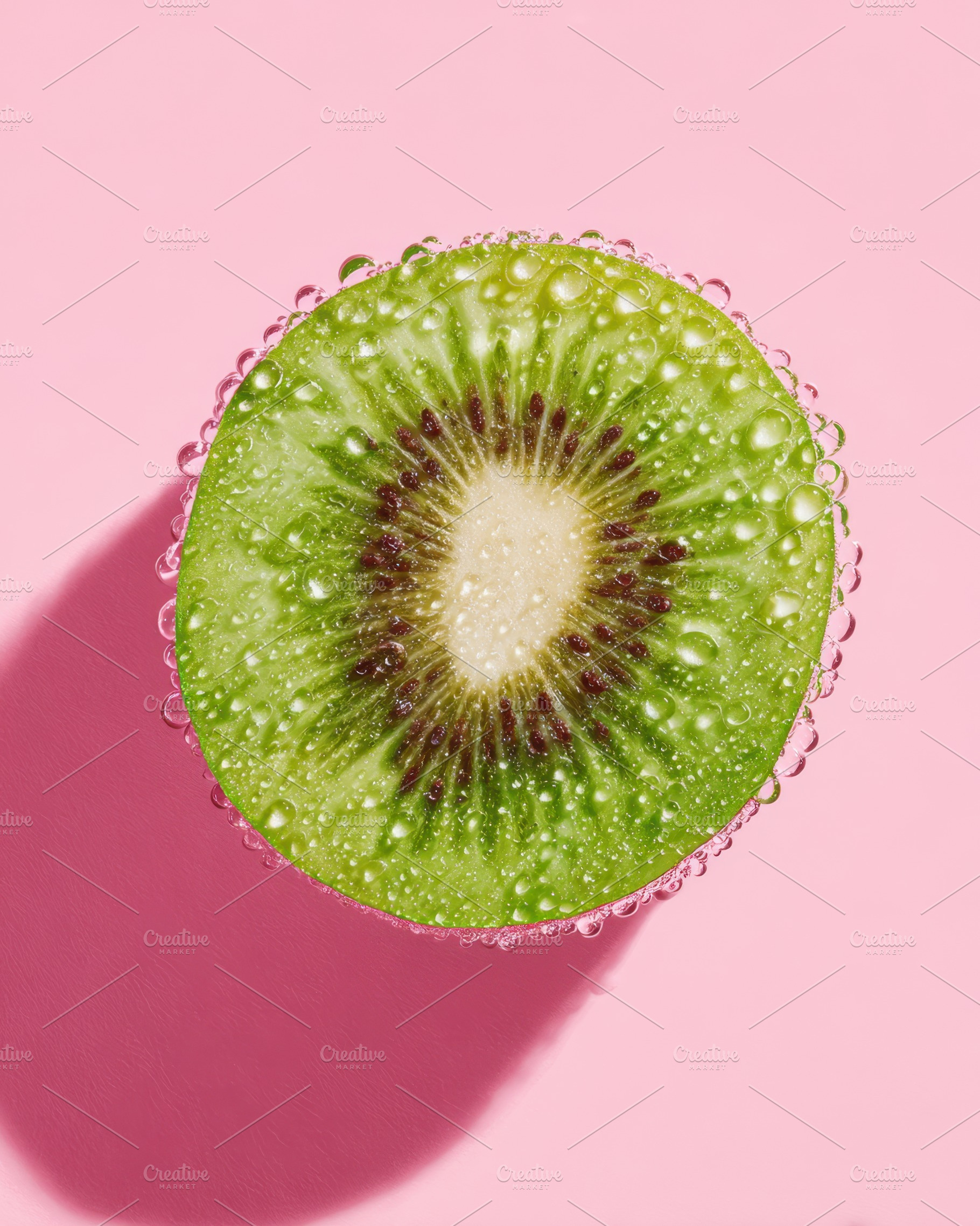 Fresh kiwi half with water droplets, a Food & Drink Photo by AlyaAnd