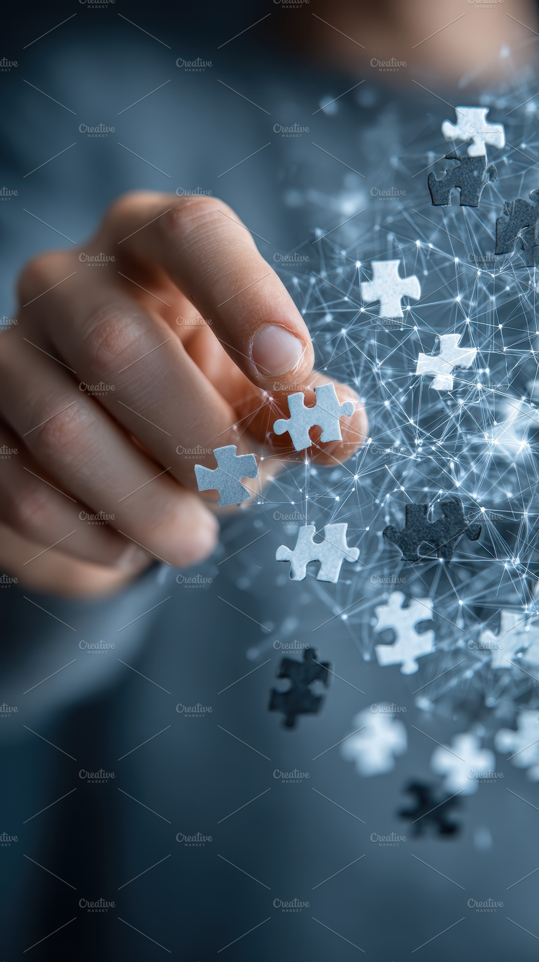 Hand placing puzzle pieces connectin, a Photo by Pixeness Studio