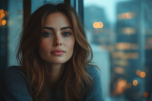 A young Caucasian woman with wavy brown hair gazes thoughtfully from a cozy urb, a Person Photo by ImageMir
